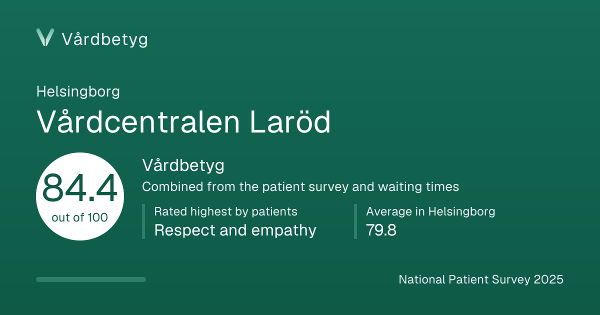 The share card for Vårdcentralen Laröd: Vårdbetyg 84.4 out of 100.