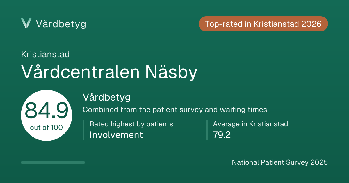 The share card for Vårdcentralen Näsby: Vårdbetyg 84.9 out of 100.