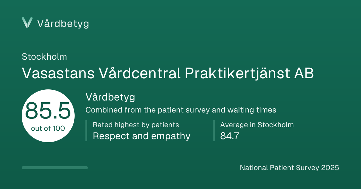 The share card for Vasastans Vårdcentral Praktikertjänst AB: Vårdbetyg 85.5 out of 100.