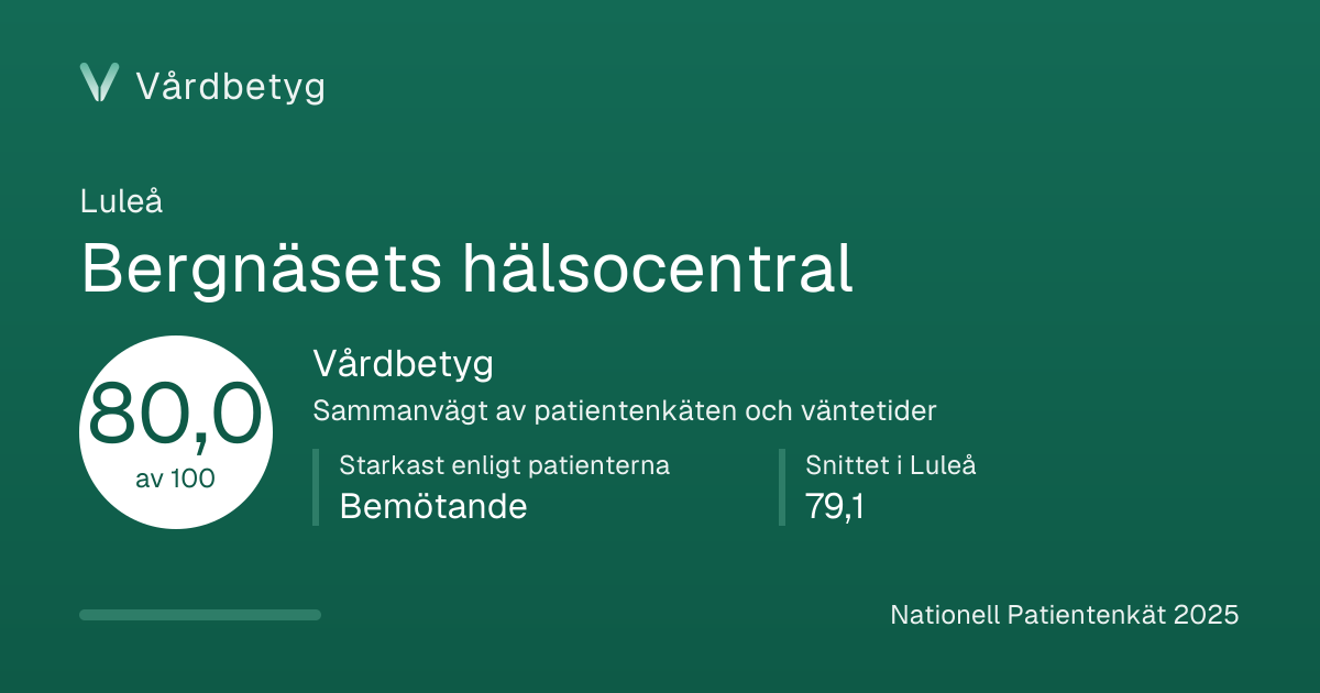 Delningskortet för Bergnäsets hälsocentral: Vårdbetyg 80,0 av 100.